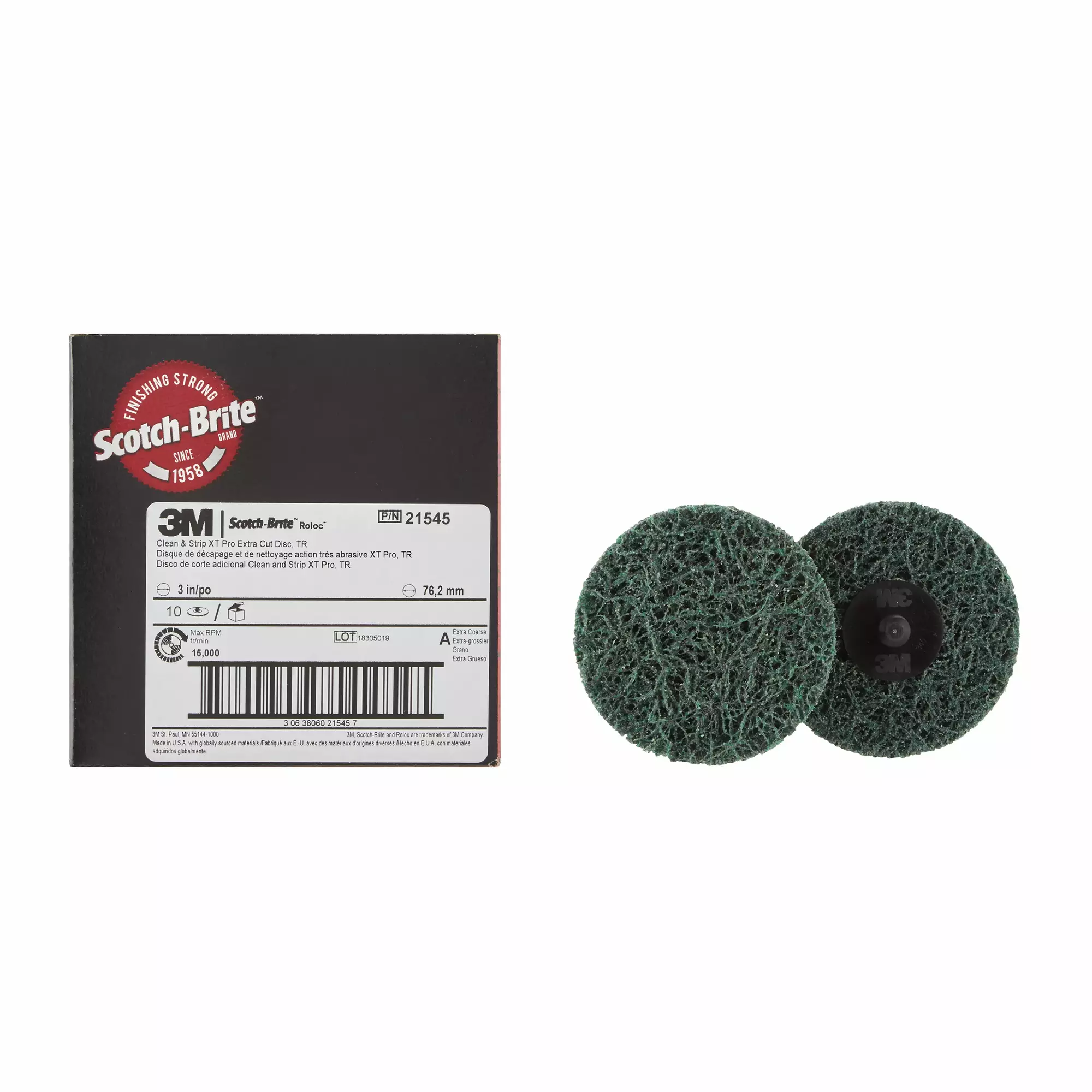 O Disco Scotch-Brite™ Roloc™ Clean and Strip XT Pro Extra Cut, XC-DR, 76.2 mm x NH, A XCRS