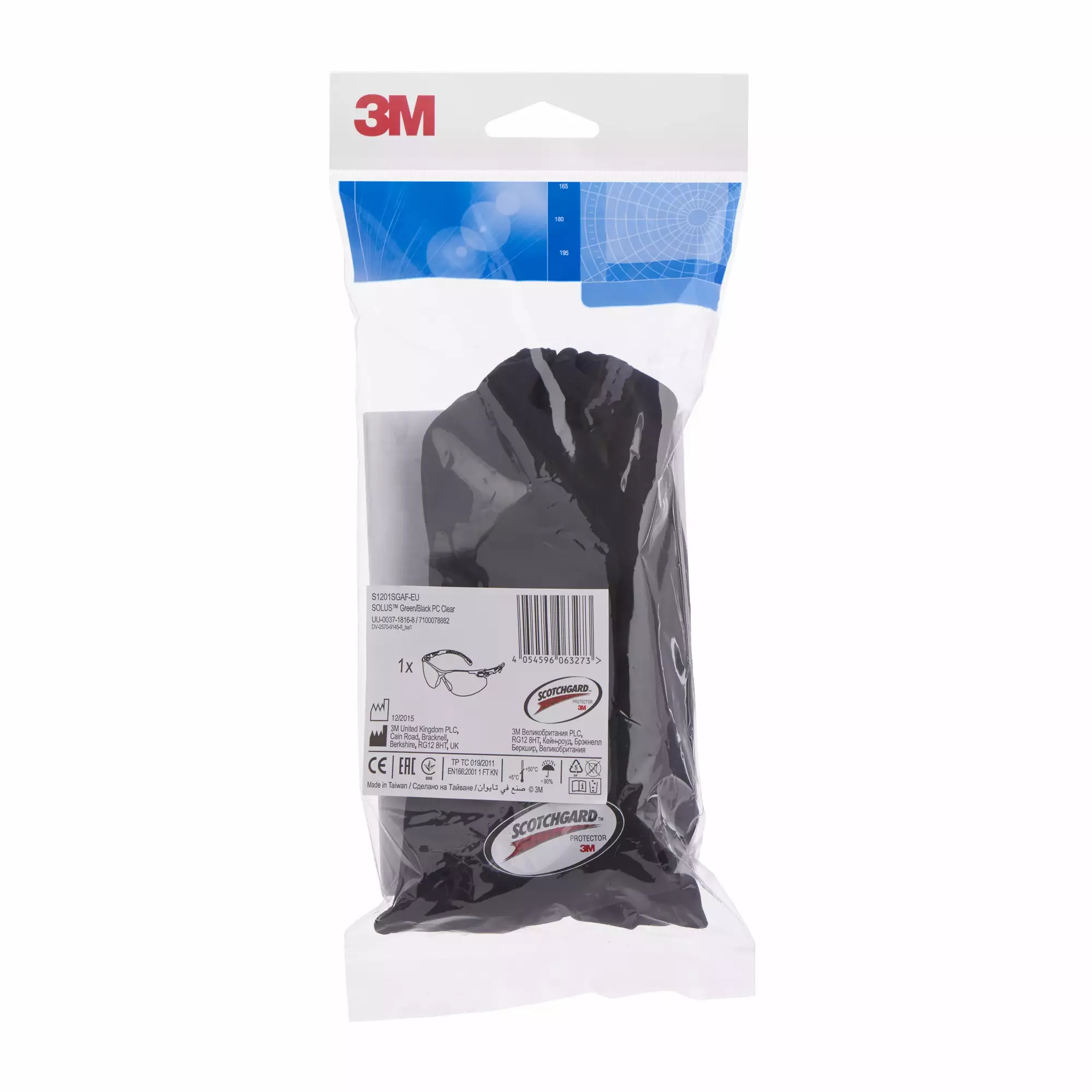 3M™ Solus™ Óculos de Proteção Série 1000, armação Verde/Preta, Anti-embaciamento Scotchgard™, Lente Transparente, S1201SGAF-EU