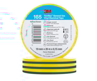 3M™ Temflex™ Vinyl Electrical Tape 165, Green/Yellow, 19 mm x 20 m, 100 Rolls/Case